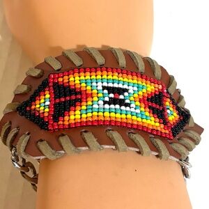 Handmade Beaded Leather Cuff Bracelet in Brown with Multicolor Beads